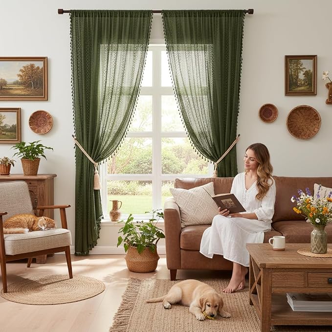 WAZZIO Boho Lace Curtains 84 Inches 2 Panel, Light Filtering Privacy Tassel & - Image 3