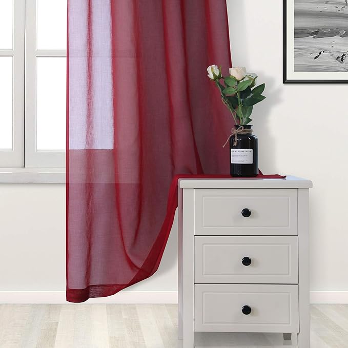 DWCN Christmas Burgundy Sheer Curtains Semi Transparent Voile Rod Pocket - Image 3