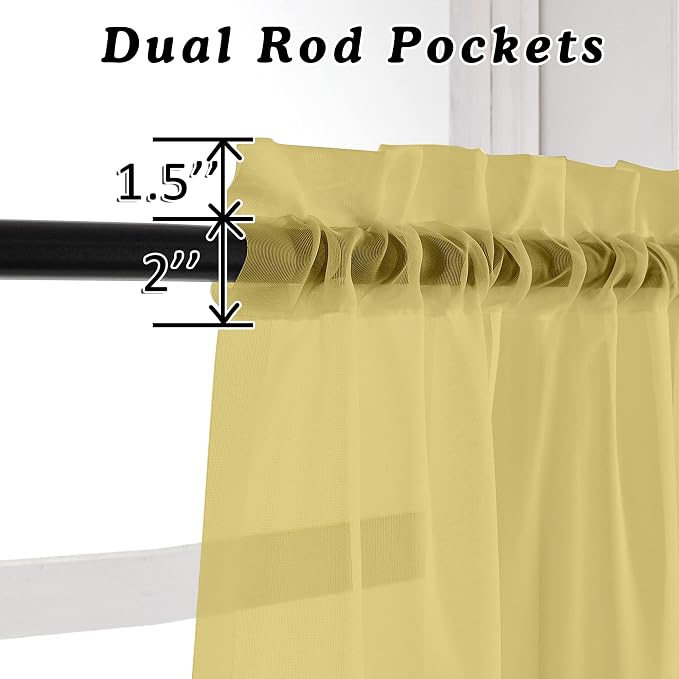 OVZME Mustard Yellow Sheer Curtains 63 Inches Length 2 Panels Rod Pocket Light - Image 3