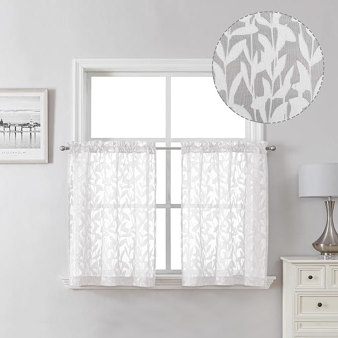 Lecloud Leia 2 PCS White Valance Sheer Curtains Tiers 24 Inch Long, Clip by Lecloud