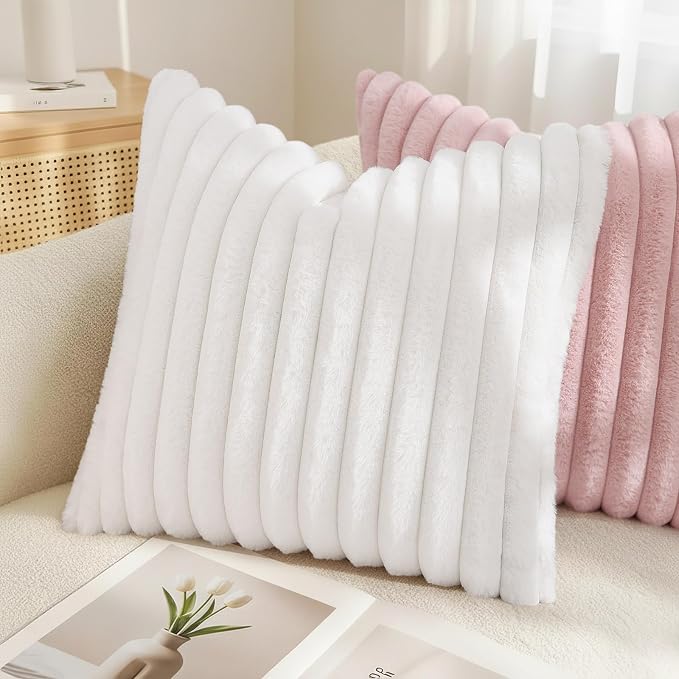 decorUhome Fall Faux Fur Throw Pillow Covers 26x26 Set of 2 White | Decorative - Image 4