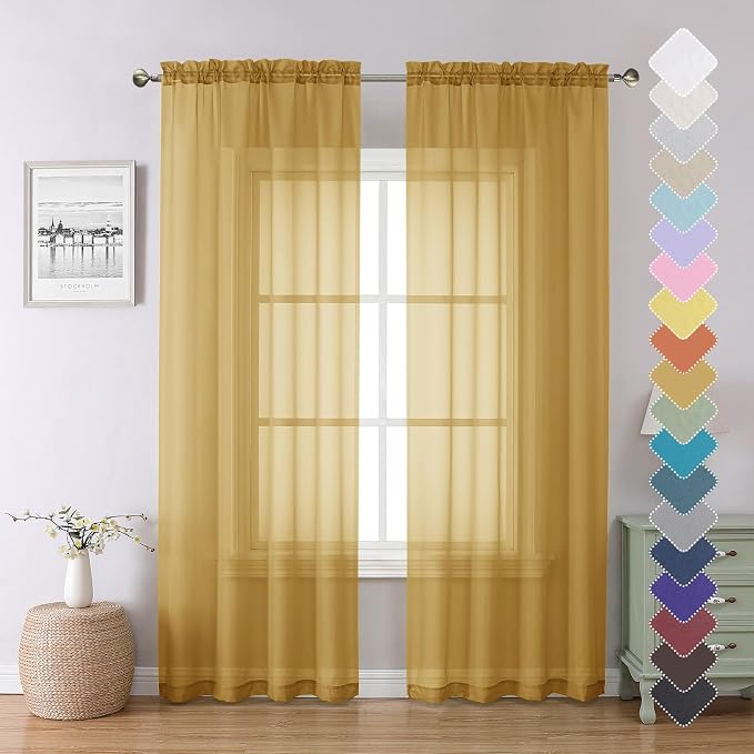 Lecloud Gold Sheer Curtains 84 Inches Long 2 Panels, Light Filtering Airy Voile by Lecloud