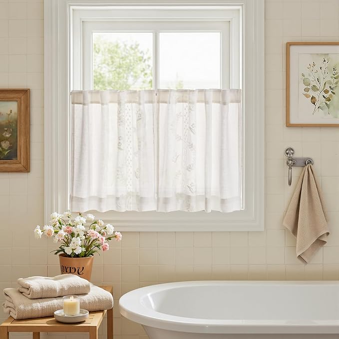 jinchan Belrose Linen Floral Kitchen Curtains 24 inch Length Embroidered - Image 9
