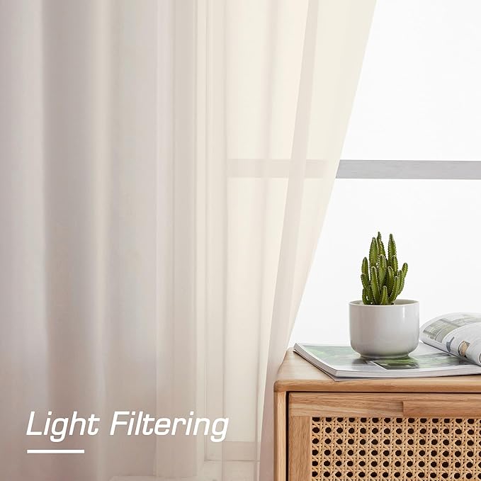 OWENIE Cream Sheer Curtain 96 Inch Long 2 Panels Set, Light Filtering Clear Rod - Image 3