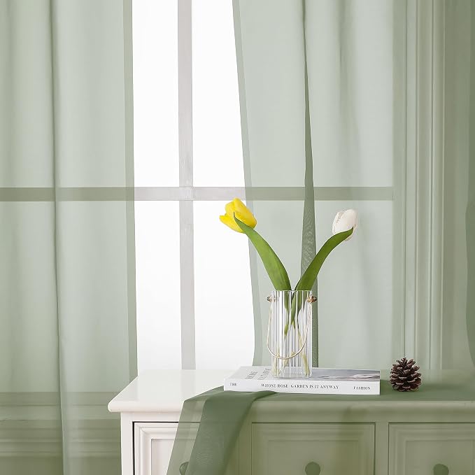 Lecloud Sage Green Sheer Curtains 63 Inch Long 2 Panels, Elegant Voile Drapes - Image 8