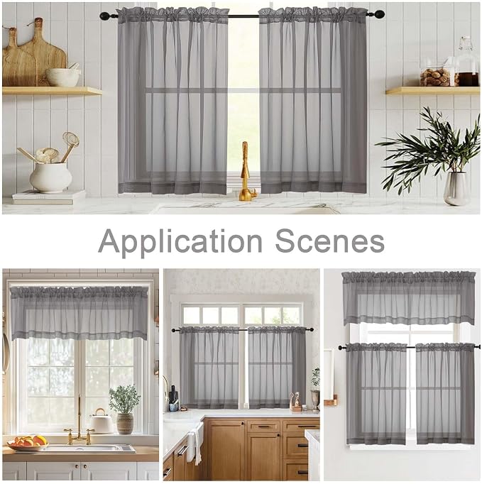 Grey Valances for Windows, Sheer Curtains 14 Inch Length 2 Pack Kitchen Curtain - Image 6