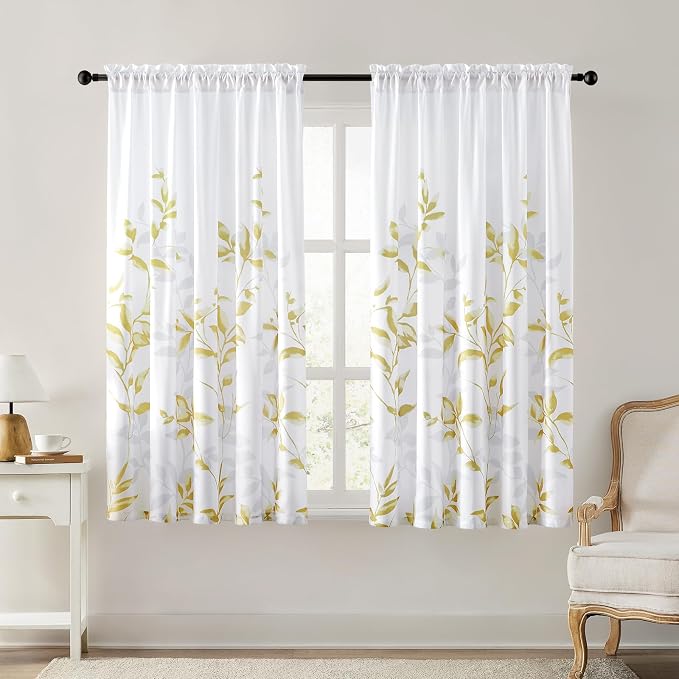 HOMEIDEAS Non-See-Through Gold and White Privacy Sheer Curtains 52 X 63 Inch by HOMEIDEAS