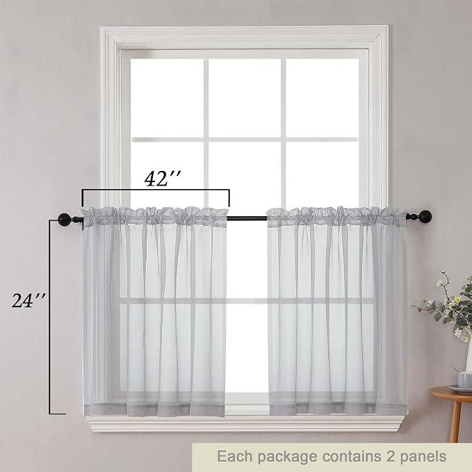 Kitchen Curtains 24 Inch Length Tier 2 Pieces, Light Grey Sheer Curtain Solid - Image 2