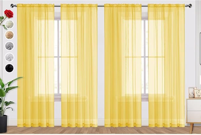 SpaceDresser Yellow Sheer Curtains 4 Panels Rod Pocket Semi-Sheer Curtain 84 by SpaceDresser
