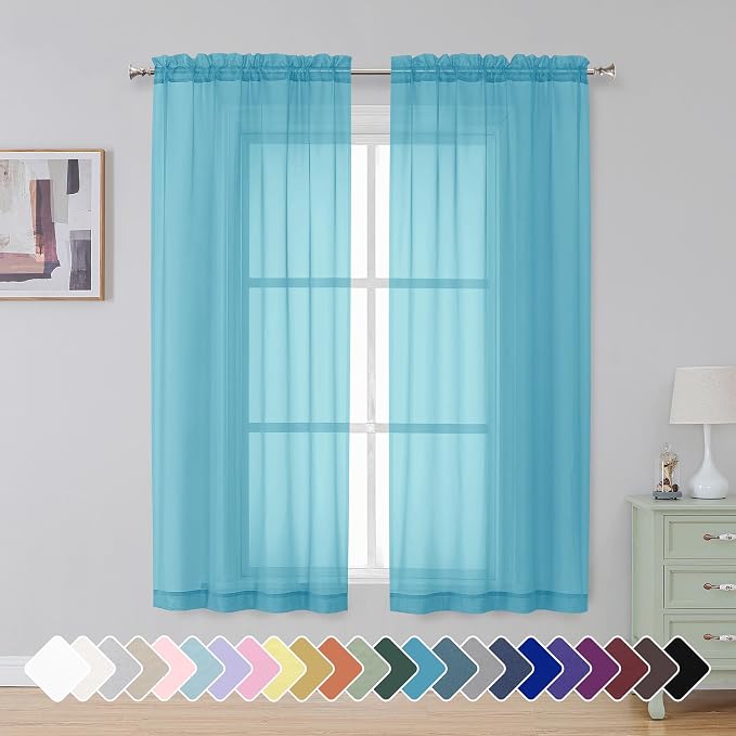 Simplebrand Turquoise Sheer Curtains 63 Inch Length 2 Panels, Rod Pocket Solid by Simplebrand