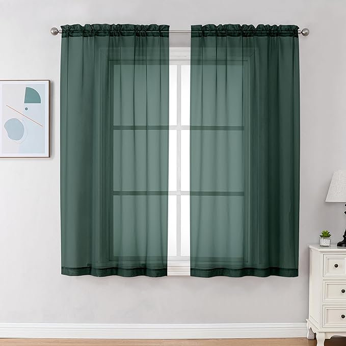 Chyhomenyc Hunter Green Sheer Curtains 54 Inch Long 2 Panels Set, Short Voile by Chyhomenyc
