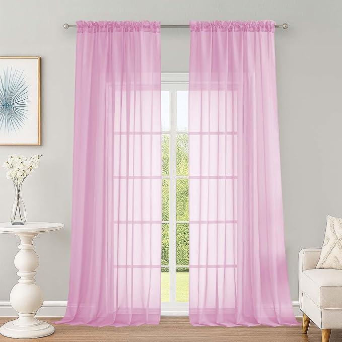 OWENIE Extra Long Pink Sheer Curtains 96 Inches Long 2 Panels Set, Soft by OWENIE