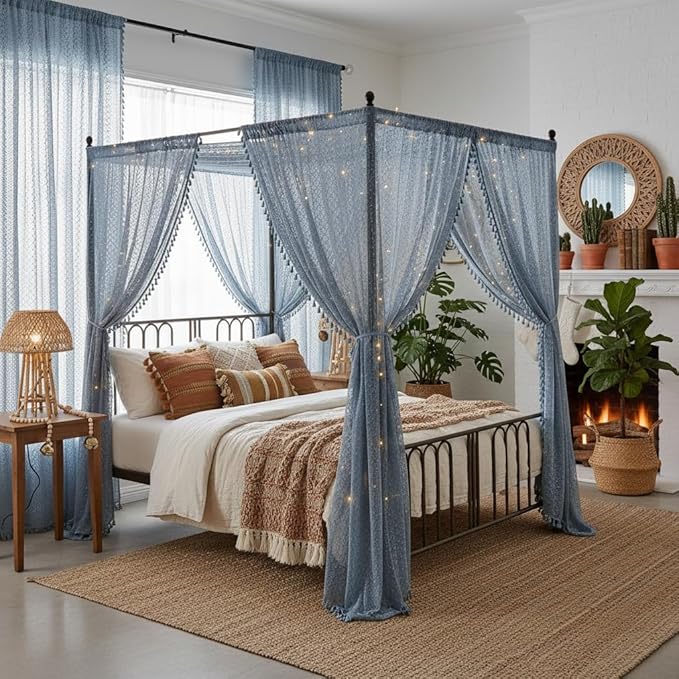 WAZZIO Boho Lace Curtains 63 Inches 2 Panel, Light Filtering Privacy Tassel & - Image 4