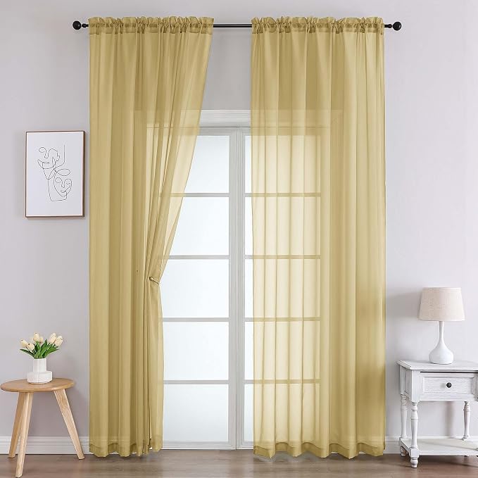 Gold Sheer Curtains 90 Inches Long 2 Panels Set by WelvetBLK
