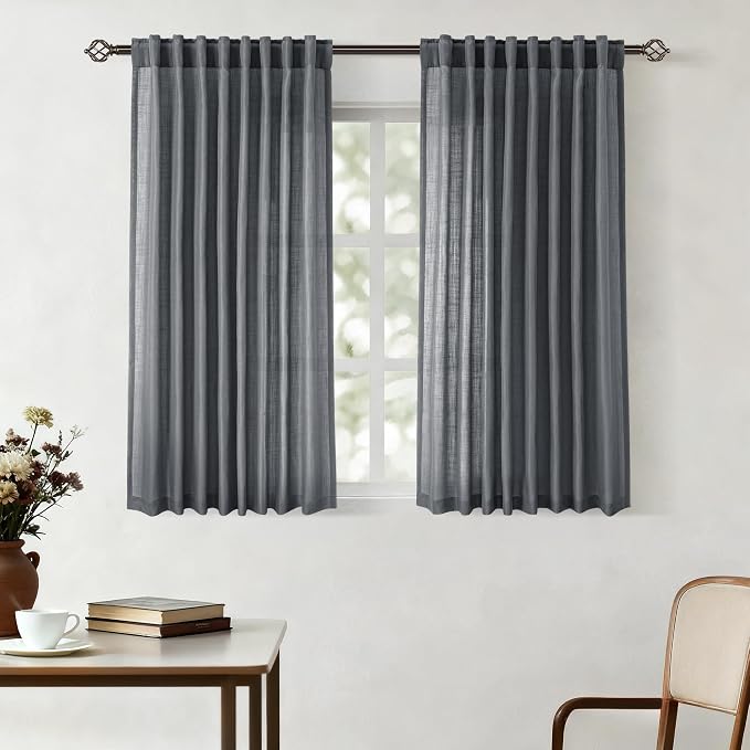 Dark Gray Curtains for Living Room Back Tab Modern Farmhouse Semi Sheer Gray by Jolilight