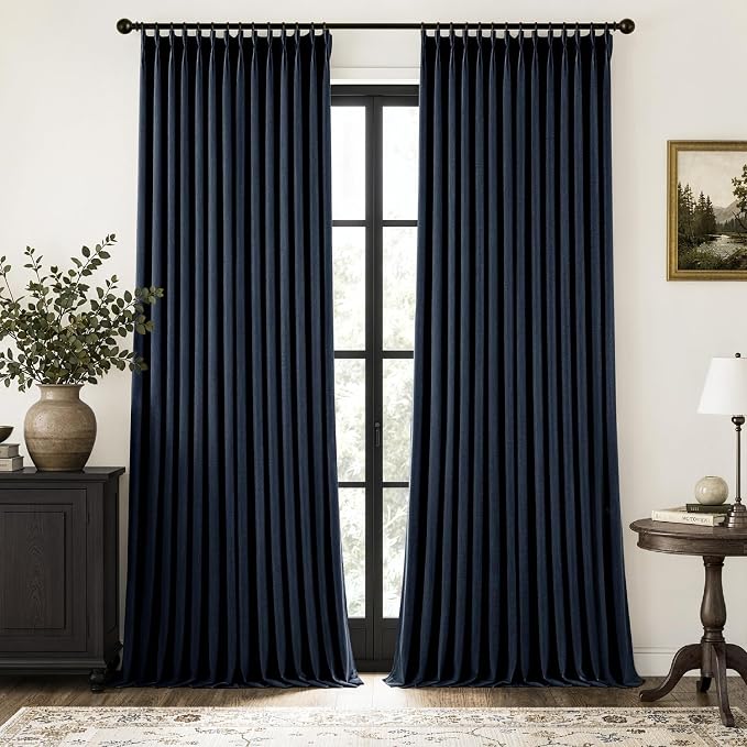 MIULEE Navy Blue Pinch Pleated 100% Blackout Linen Curtains 40x84 Inches | Room by MIULEE