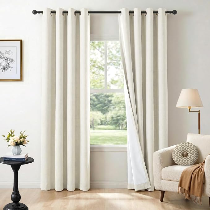 100% Blackout Linen Textured Curtains 96 Inch Long, Light Blocking, Thermal by 100BlackoutShield