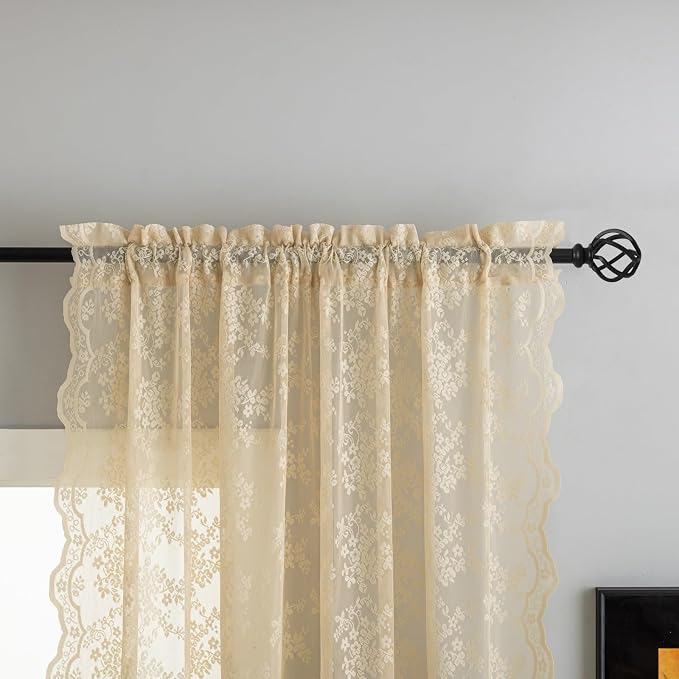 YJ YANJUN Vintage Lace Curtains 84 Inches Long-Retro Floral Beige Sheer Curtain - Image 5