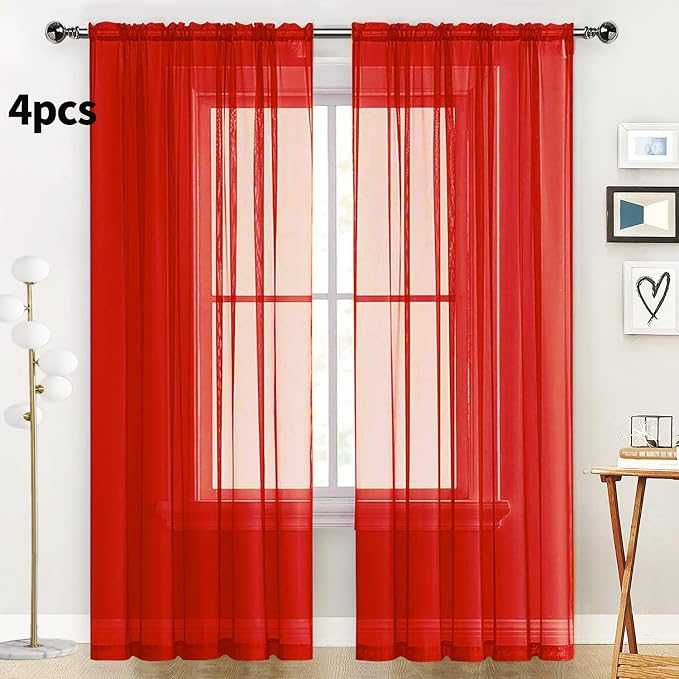 SpaceDresser Sheer Red Curtains 4 Panels Rod Pocket Semi-Sheer Curtain 54 - Image 2