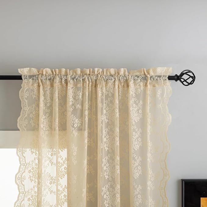 YJ YANJUN Vintage Lace Curtains 108 Inches Long-Victorian Floral Beige Sheer - Image 2