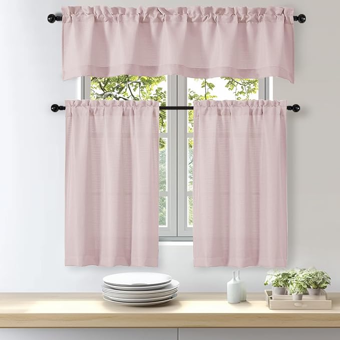 OWENIE Bob Valance Curtains 18 Inch Length 1 Piece, Faux Linen Slub Solid Blush - Image 8