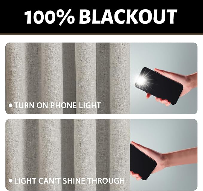 Yakamok Oatmeal Linen Curtains 100% Blackout 63 Inches Long, Room Darkening - Image 2