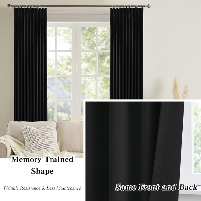 60 Inch Wide Black Pinch Pleated Curtains 60 x 105, Thermal Insulated Noise - Image 6