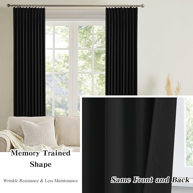 Black Pinch Pleated 60 Inch Wide Curtains 60 x 102, Thermal Insulated Noise - Image 6