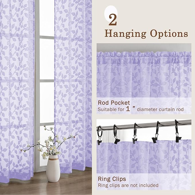 Chyhomenyc Light Purple Sheer Curtains 30 Inch Length, Light Filtering Leaf - Image 5