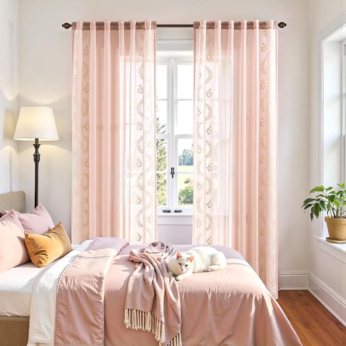 jinchan Belrose Pink Floral Sheer Curtains - Image 3