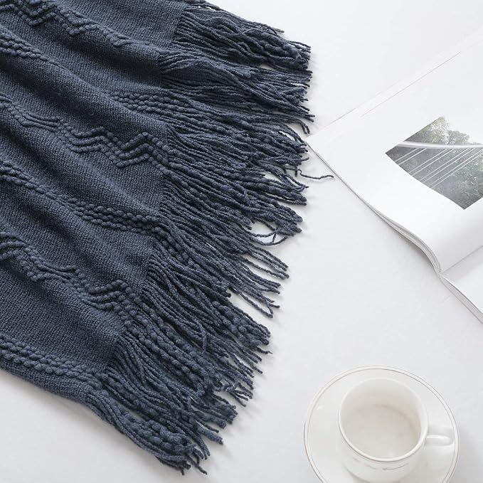 BOURINA Navy Throw Blanket 60x80 Inches Throw Textured Solid Soft Sofa Throw - Image 3