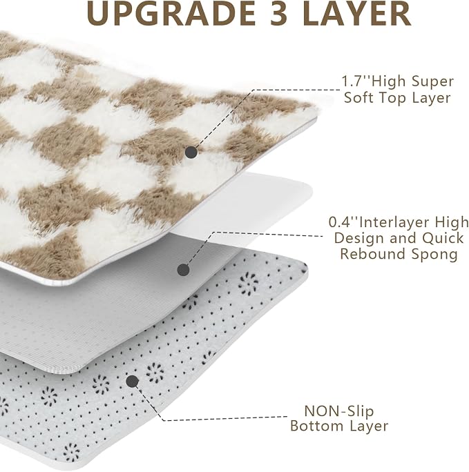 4x6 Checkered Area Rugs for Bedroom, Fluffy Beige and White Checkered Rug Fuzzy - Image 5