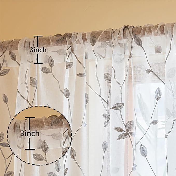 AmHoo 2 Panels Embroidered Leaf Pattern Semi Sheer Curtains Foliage Floral - Image 3