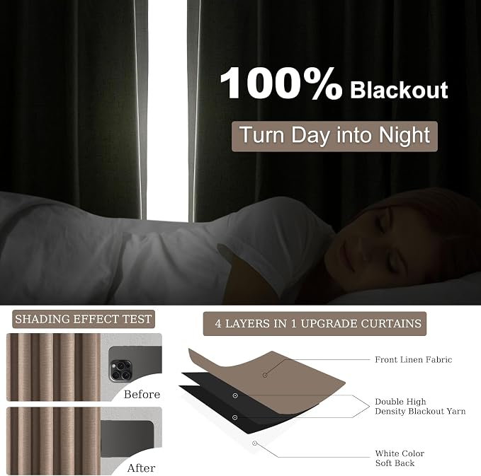 96 inch long linen blackout curtains 2 Panels 100% Black out Linen texture - Image 3