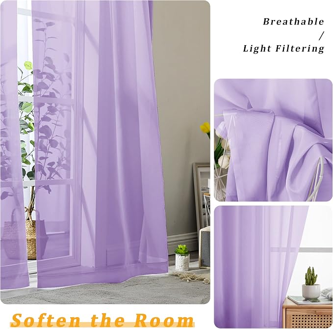 Gwine Lilac Sheer Curtains 90 Inches Long 2 Panels Set, Light Filtering Solid - Image 3