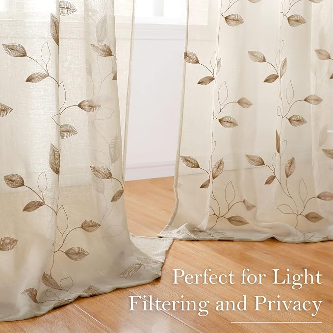 HOMEIDEAS Taupe Sheer Curtains 52 X 84 Inches Long 2 Panels Beige Embroidered - Image 6