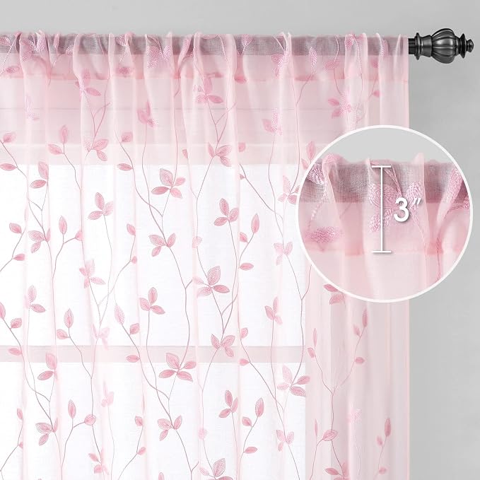 HOMEIDEAS Pink Sheer Curtains 52 X 63 Inches Length 2 Panels Embroidered Vine - Image 5