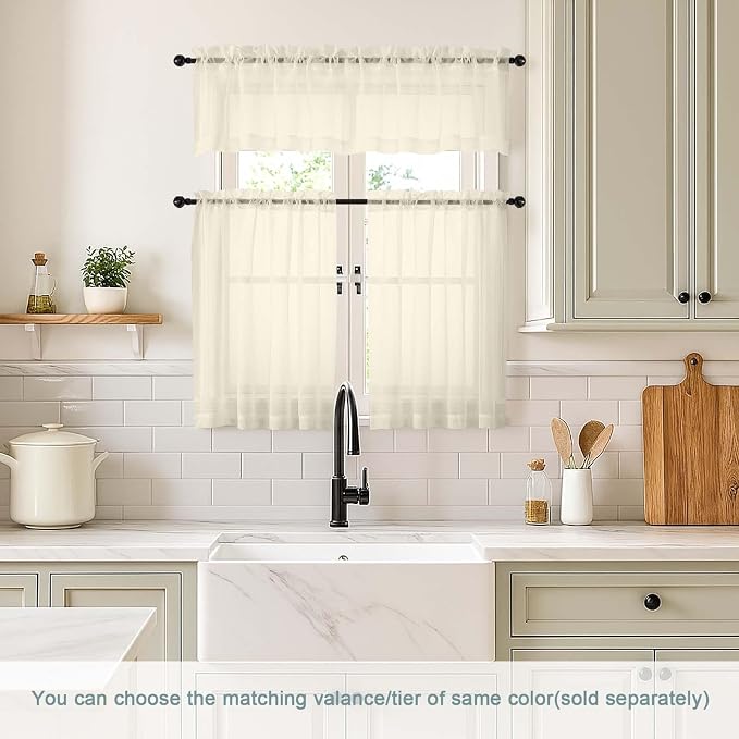 Cream Sheer Curtains Tier 30 Inches Length 2 Panels Set, Light Filtering - Image 2