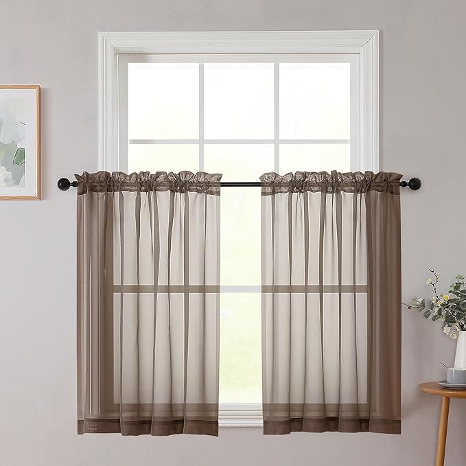 Cafe Curtains 36 Inch Length Tier 2 Pieces, Modern Soft Airy Sheer Kitchen by WelvetBLK