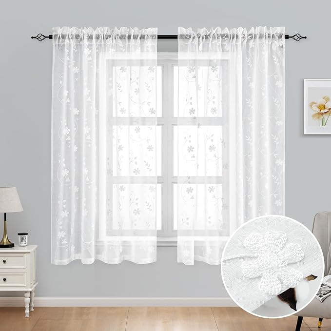 HOMEIDEAS White Sheer Curtains 63 Inch Length 2 Panels White Embroidered Floral - Image 2