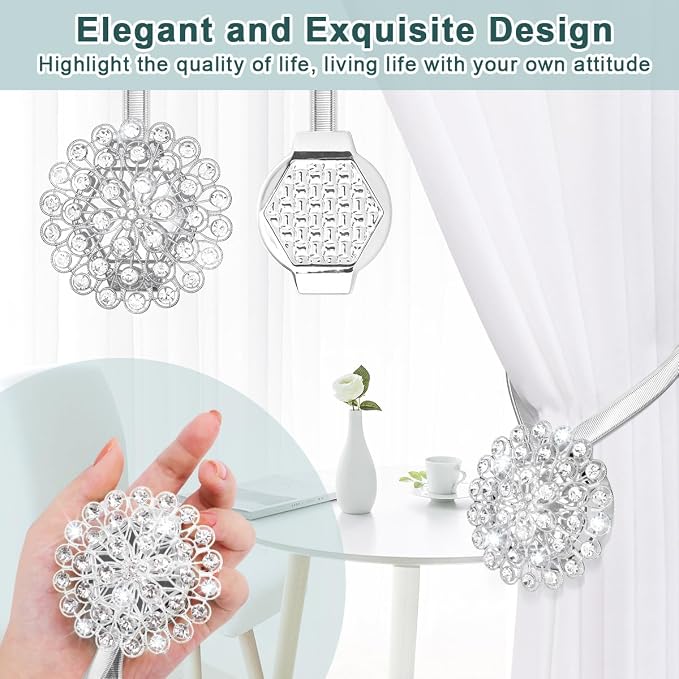 AULEEP Magnetic Curtain Tiebacks, 4 Pack Magnetic Crystal Decorative Drapes - Image 5