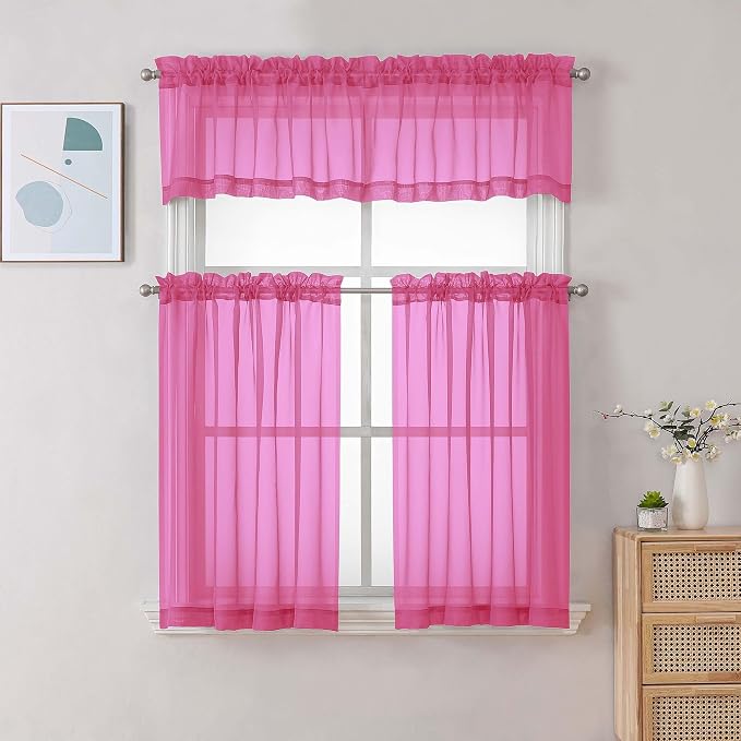 Chyhomenyc Sheer Hot Pink Tier Curtains 24 Inch Length Set, Small Window - Image 2
