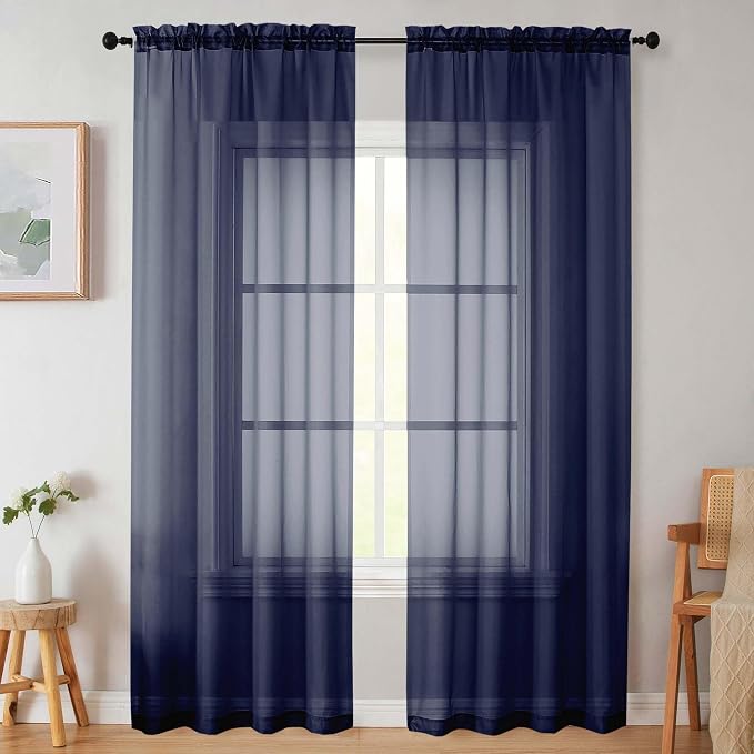 Sheer Navy Blue Curtains for Bedroom Living Room 90 Inches Long 2 Panels Set by WelvetBLK