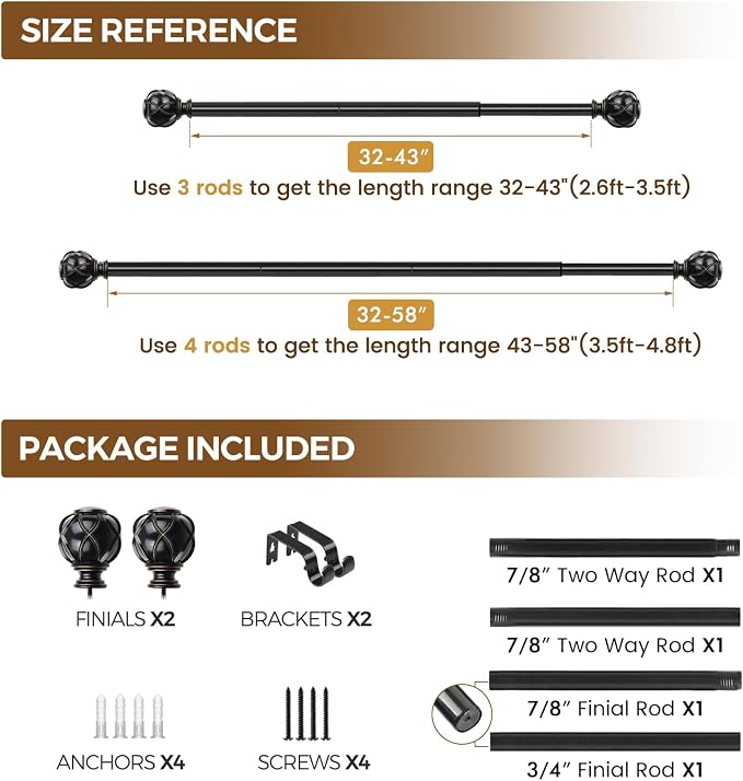 KAMANINA Black Curtain Rod 32 to 58 Inch, Adjustable Heavy Duty Curtain Rods - Image 9