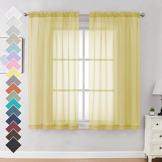 OVZME Mustard Yellow Sheer Curtains 63 Inches Length 2 Panels Rod Pocket Light by OVZME