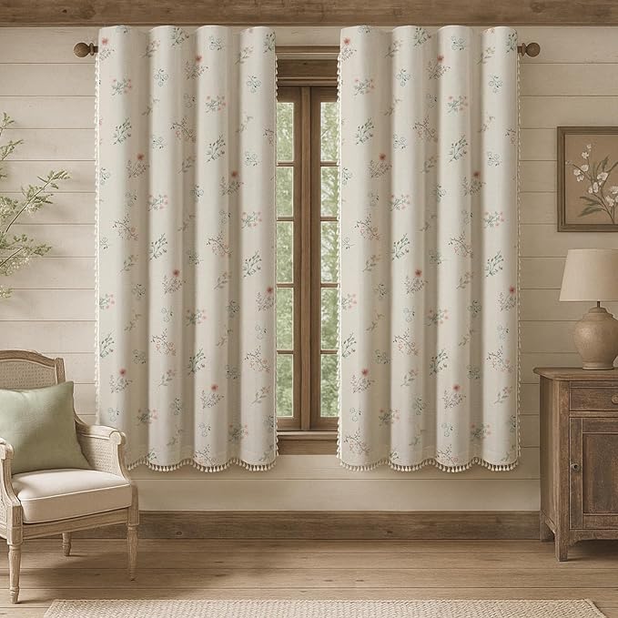 Boho Floral 100% Blackout Curtains 63 Inch Length 2 Panels Set, Linen Texture by Unknown