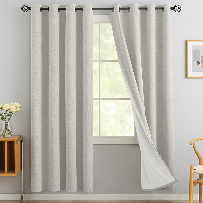 Yakamok Cream Linen Curtains 100% Blackout 96 Inches Long, Room Darkening by Yakamok