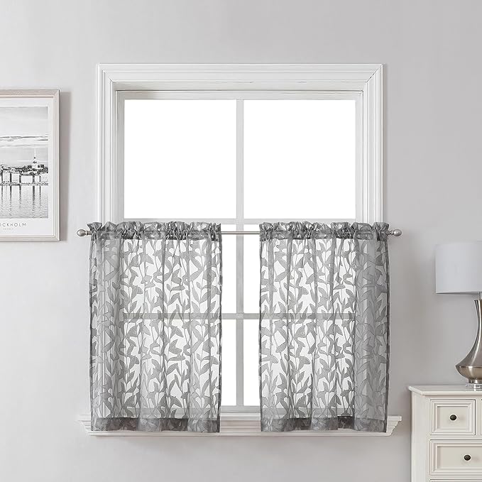 Lecloud Leia Charcoal Grey Sheer Kitchen Curtains 24 Inch 2 Pcs, Jacquard Leaf by Lecloud