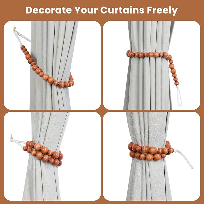 Wood Bead Curtain Tiebacks, KLOGTSIND Set of 4 Curtain Holdbacks - Image 3
