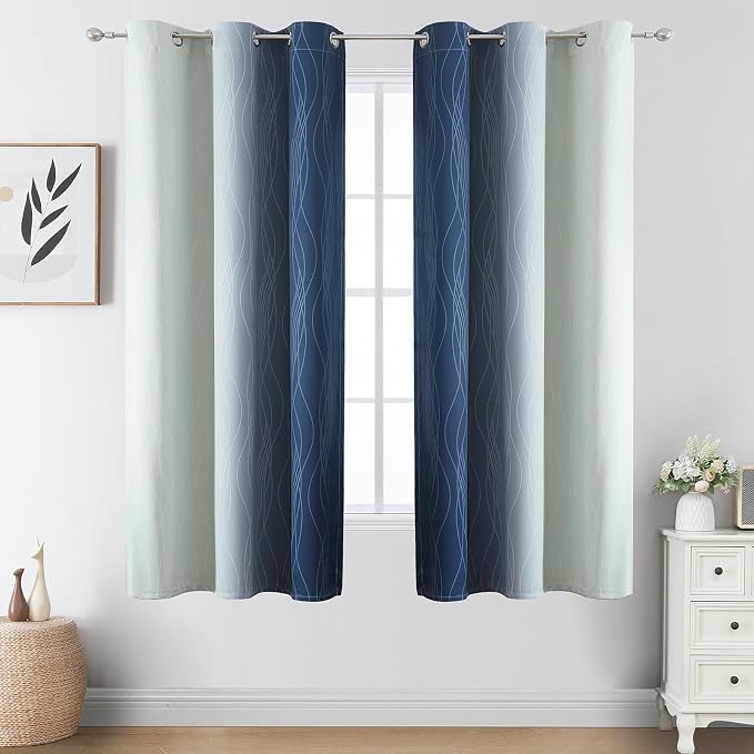 Estelar Textiler Navy Blue and Sage Green Ombre Blackout Curtains 63 Inches - Image 2